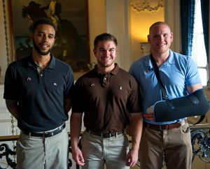 From left, Anthony Sadler, Oregon Army National Guardsman Spc. Aleksander Skarlatos and Air Force Airman 1st Class Spencer Stone pose for a photo in Paris Aug. 23, following a foiled attack on a French train. The three friends were on vacation when a gunman entered their train carrying an AK-style machine gun, a handgun and a box cutter. They subdued the gunman as his guns malfunctioned. Skarlatos is a member of St. Paul Lutheran Church, Roseburg, Ore. (U.S. Air Force courtesy photo/Tech. Sgt. Ryan Crane)